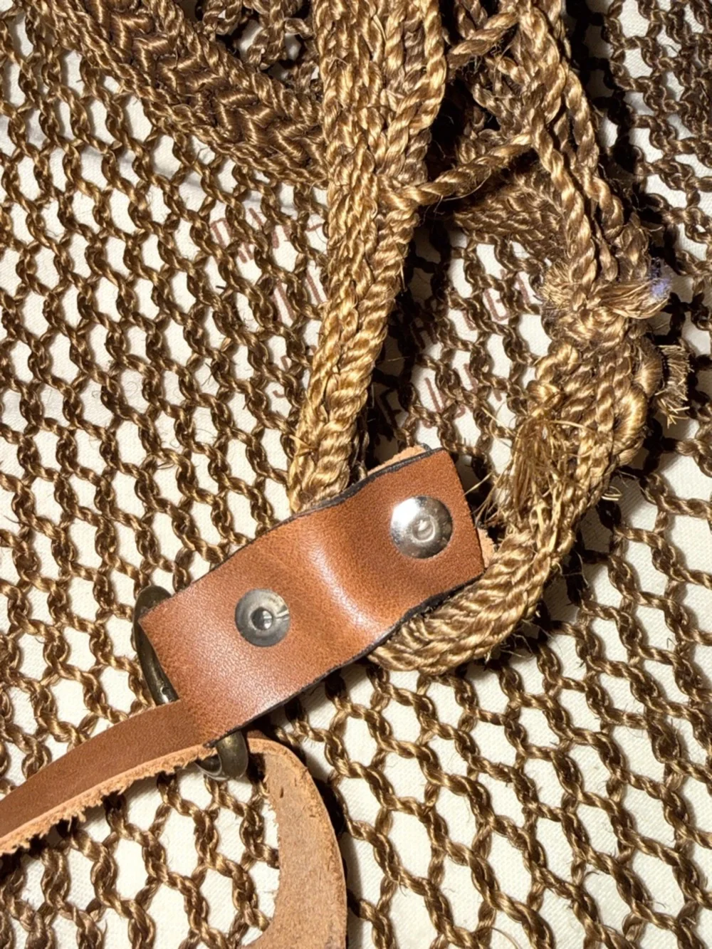 Handwoven Sisal Net Mesh Tote Bag Leather Straps - Brown Summer Beach Backpack - Picture 8 of 12